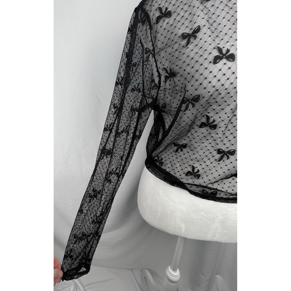 Bodyrage Black Sheer Mesh Bow Polka Dot Long Sleeve Top L/XL Goth Coquette Y2K - Picture 9 of 12